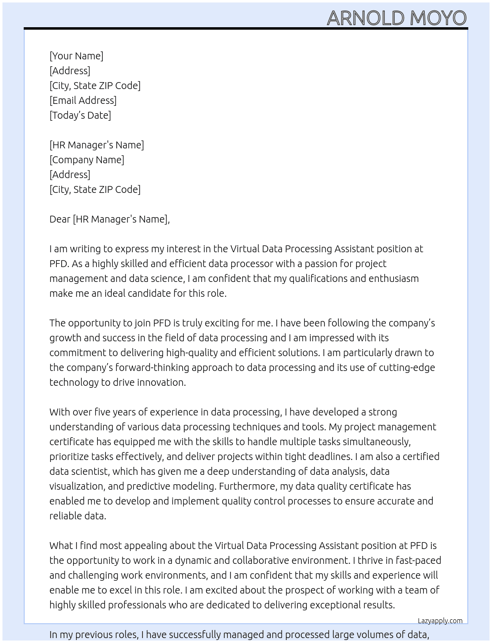 Virtual Data Processing Assistant At PFD Cover Letter