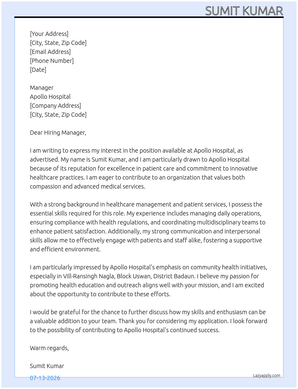 Cover letter for hospital - LazyApply