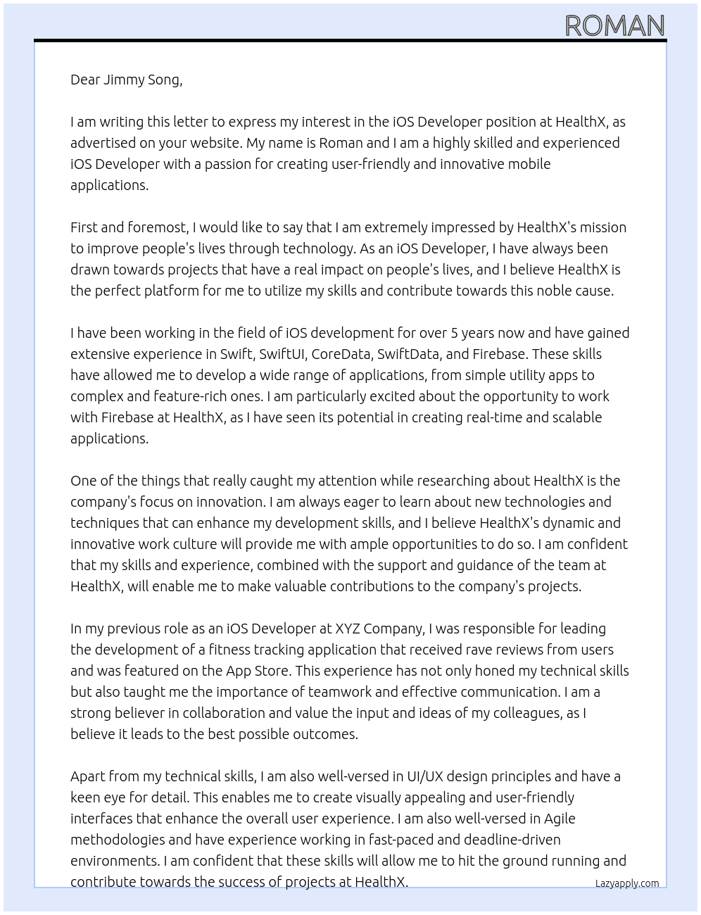 iOS Developer At HealthX Cover Letter