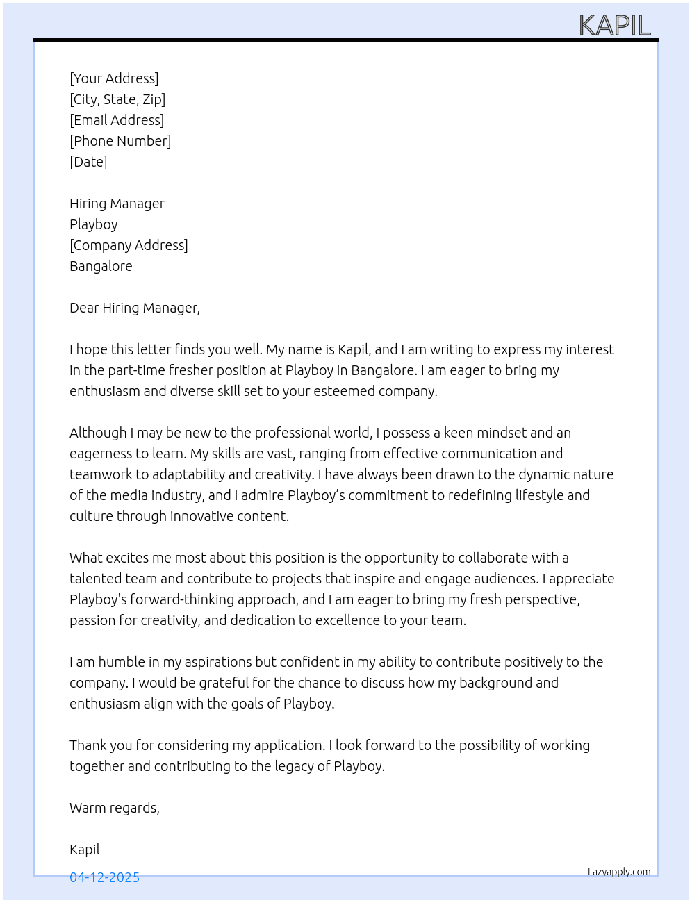 Fresher  At Playboy Cover Letter