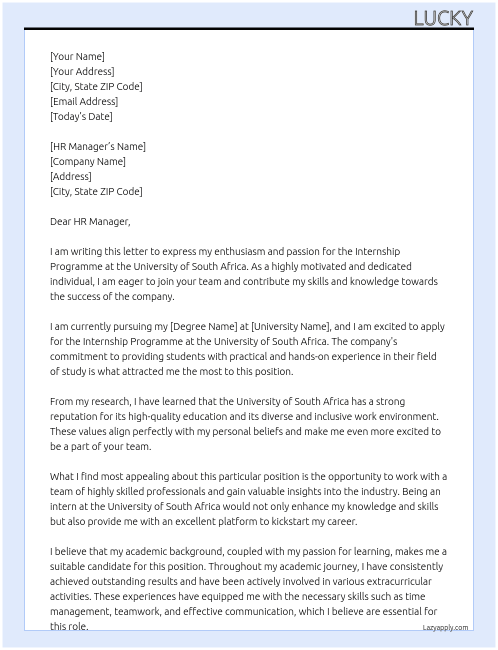 Cover letter for internship programme  education - LazyApply