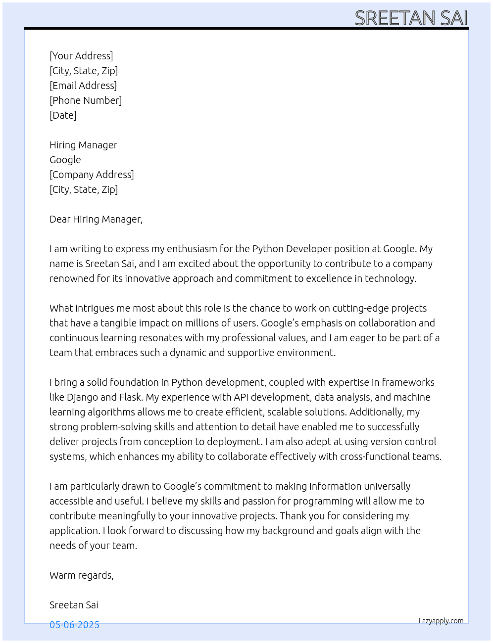 python developer At google Cover Letter