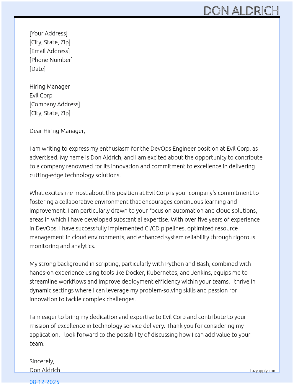DevOps Engineer At Evil Corp Cover Letter