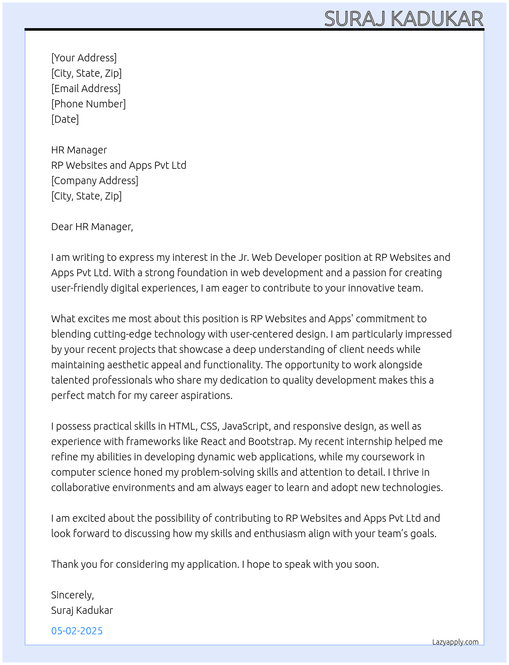 Cover letter for jr web developer - LazyApply
