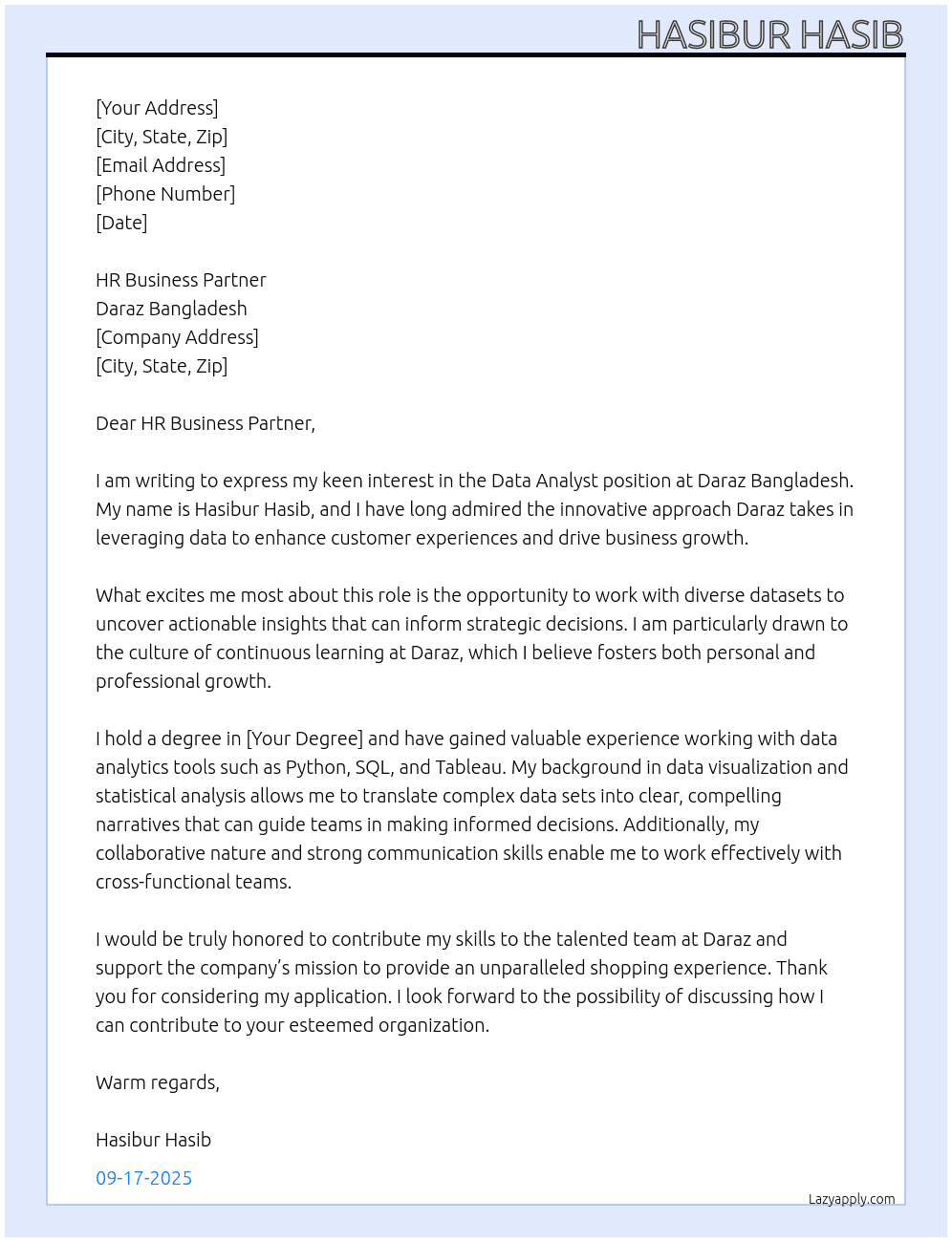 Data Analyst At Daraz Bangladesh Cover Letter