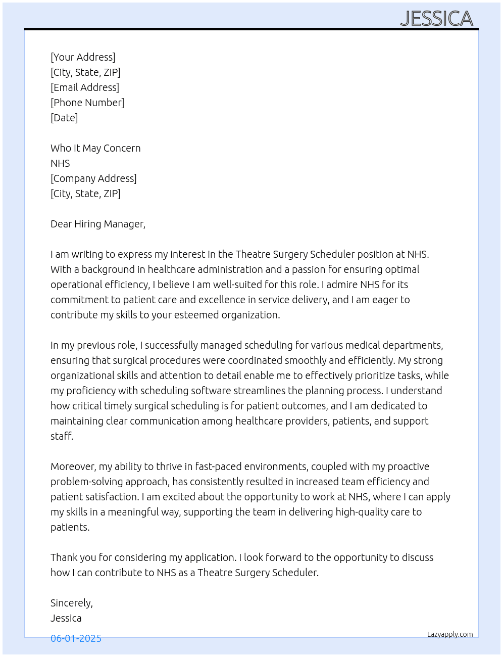 Theatre surgery scheduler At NHS Cover Letter