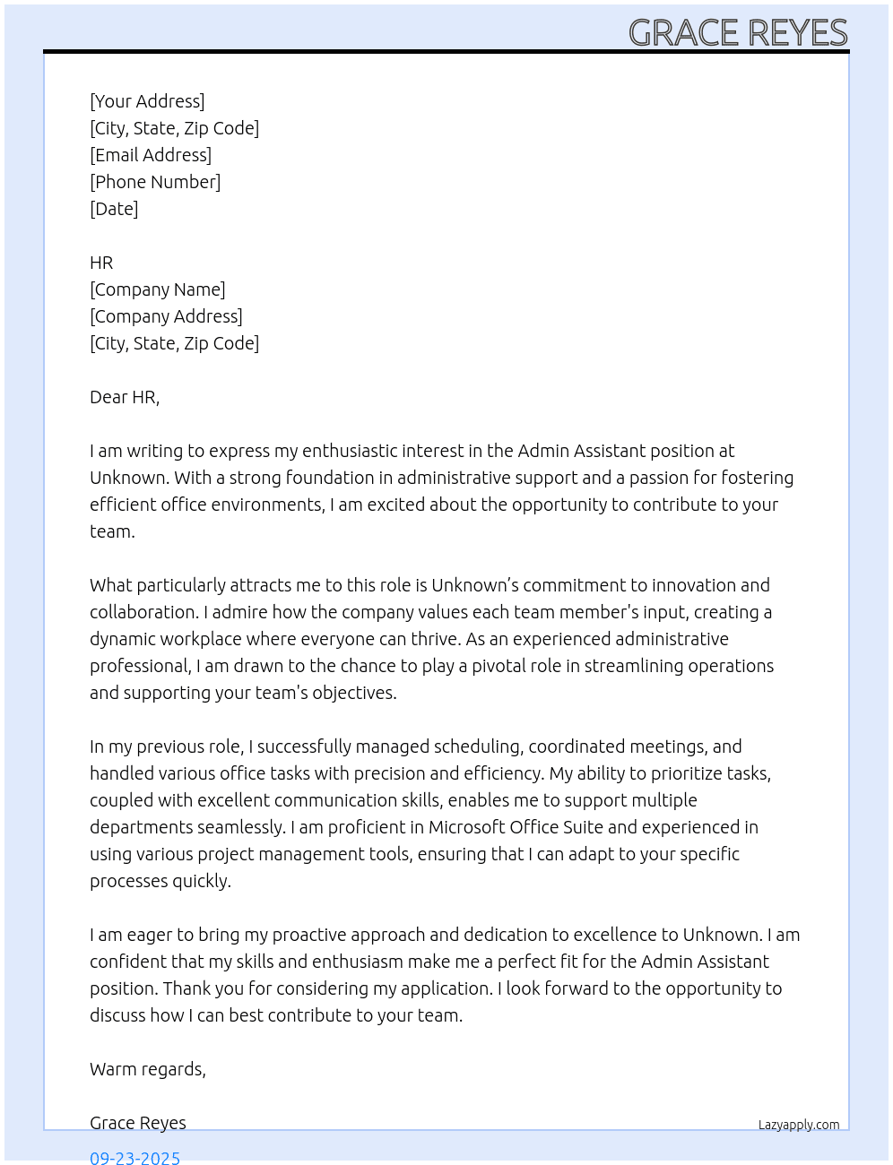 Admin Assistant  At Unknown Cover Letter