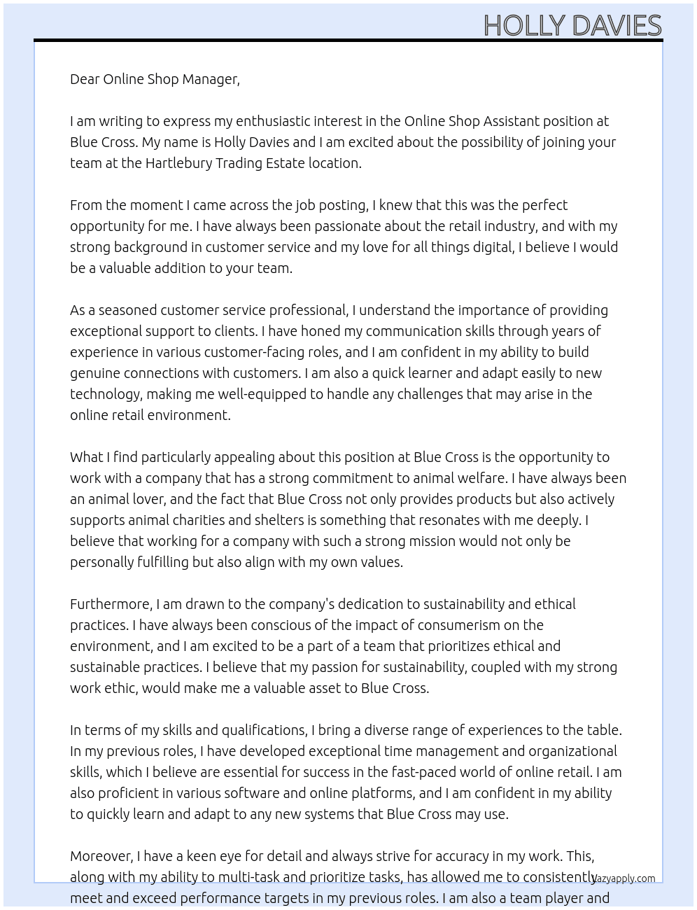 Online Shop Assistant  At Blue Cross Cover Letter