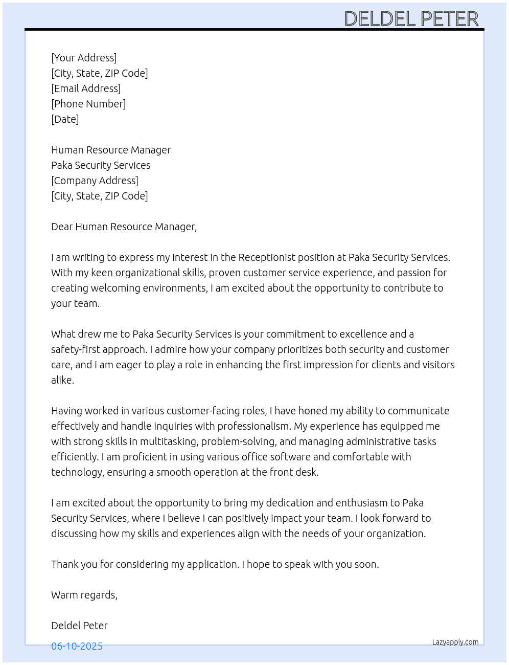 Receptionist  At Paka Security Services Cover Letter