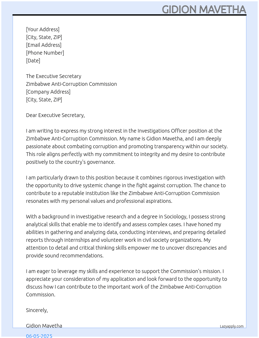 INVESTIGATIONS OFFICER At Zimbabwe Anti-Corruption Commission Cover Letter