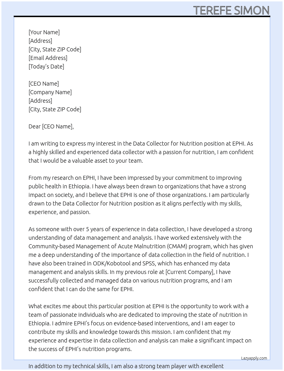 Data collector for Nutrition  At EPHI Cover Letter