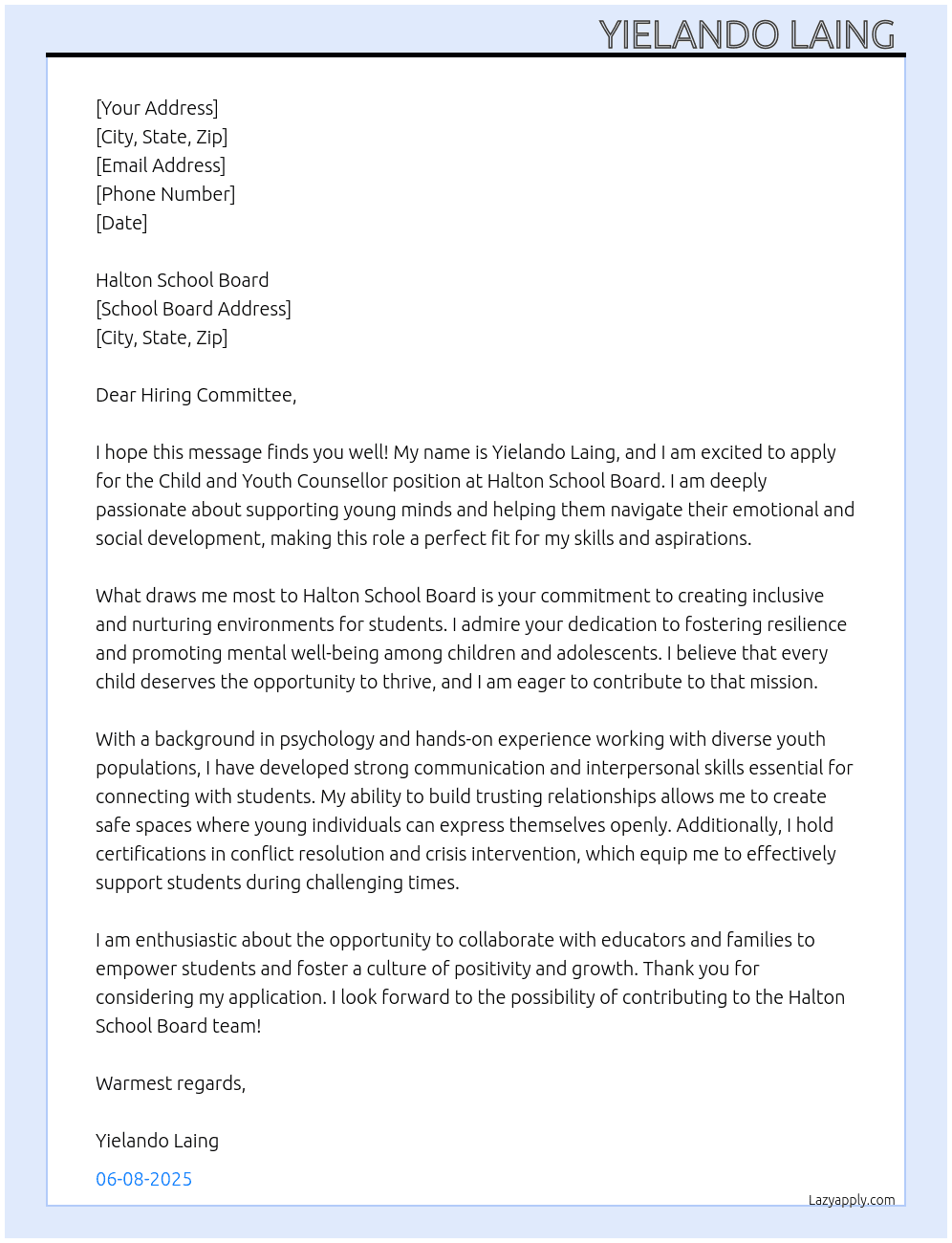 Child and youth cousellor  At Halton school board  Cover Letter
