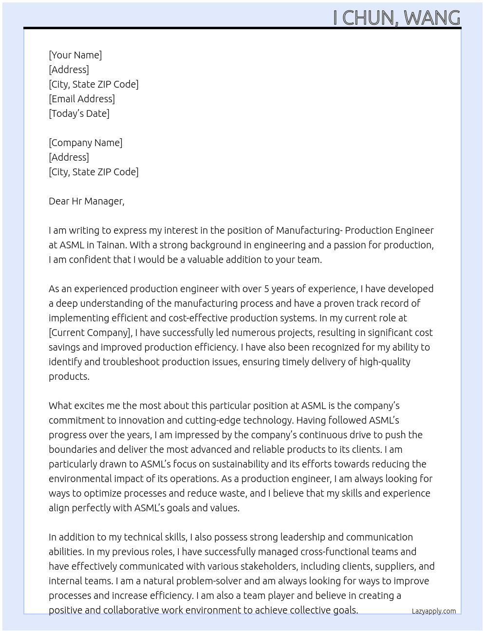 Cover letter for manufacturing- production engineer-tainan - LazyApply