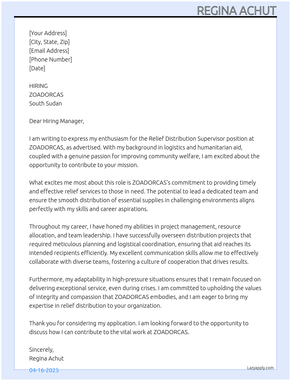 Cover letter for relief distribution supervisor - LazyApply