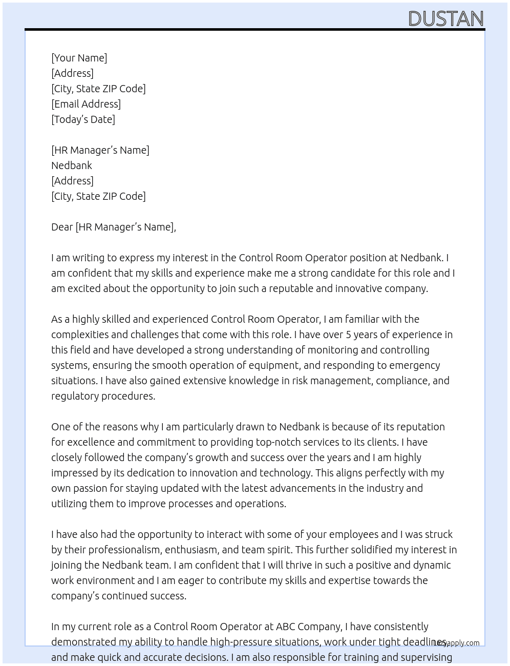 Control Room Operator At Nedbank Cover Letter
