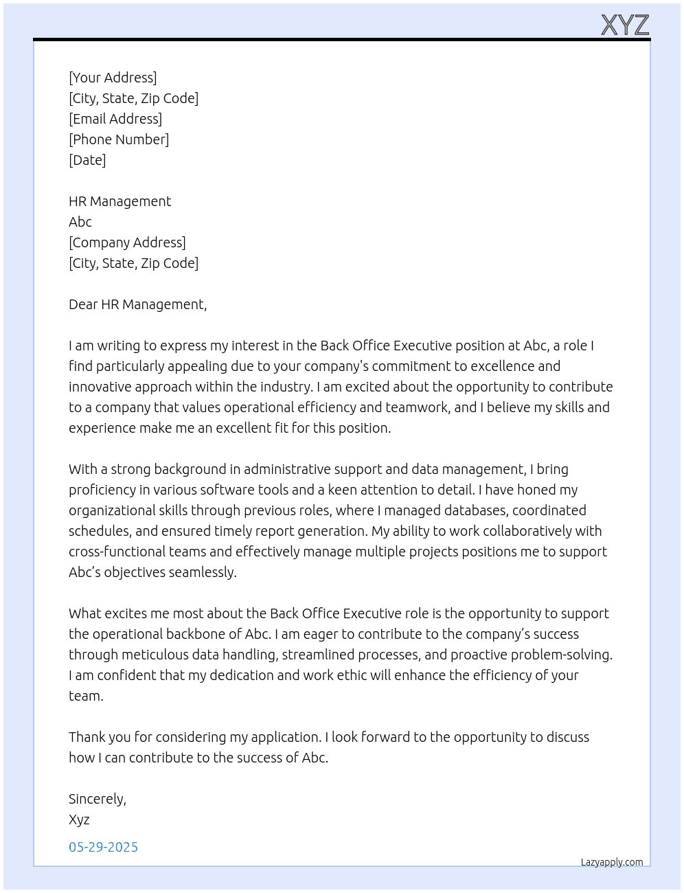 Back office executive  At Abc Cover Letter