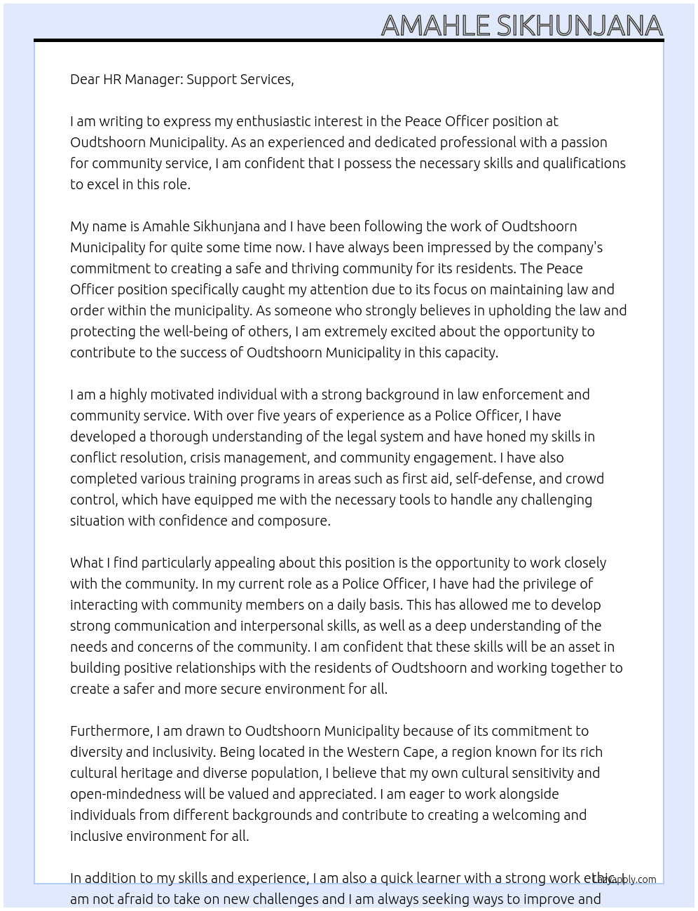 Peace Officer At Oudtshoorn Municiaplity  Cover Letter