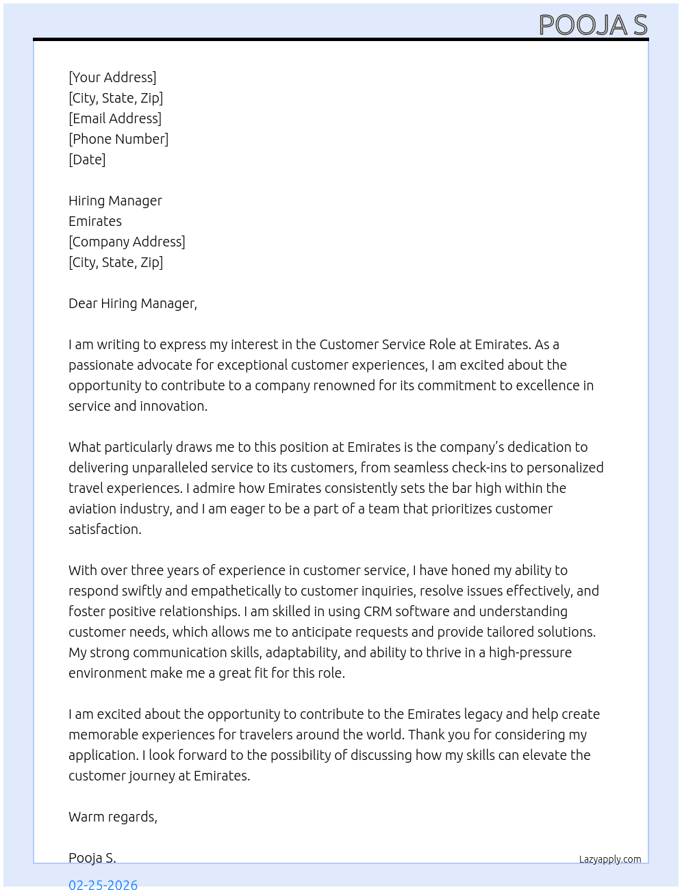 Cover letter for customer service role - LazyApply