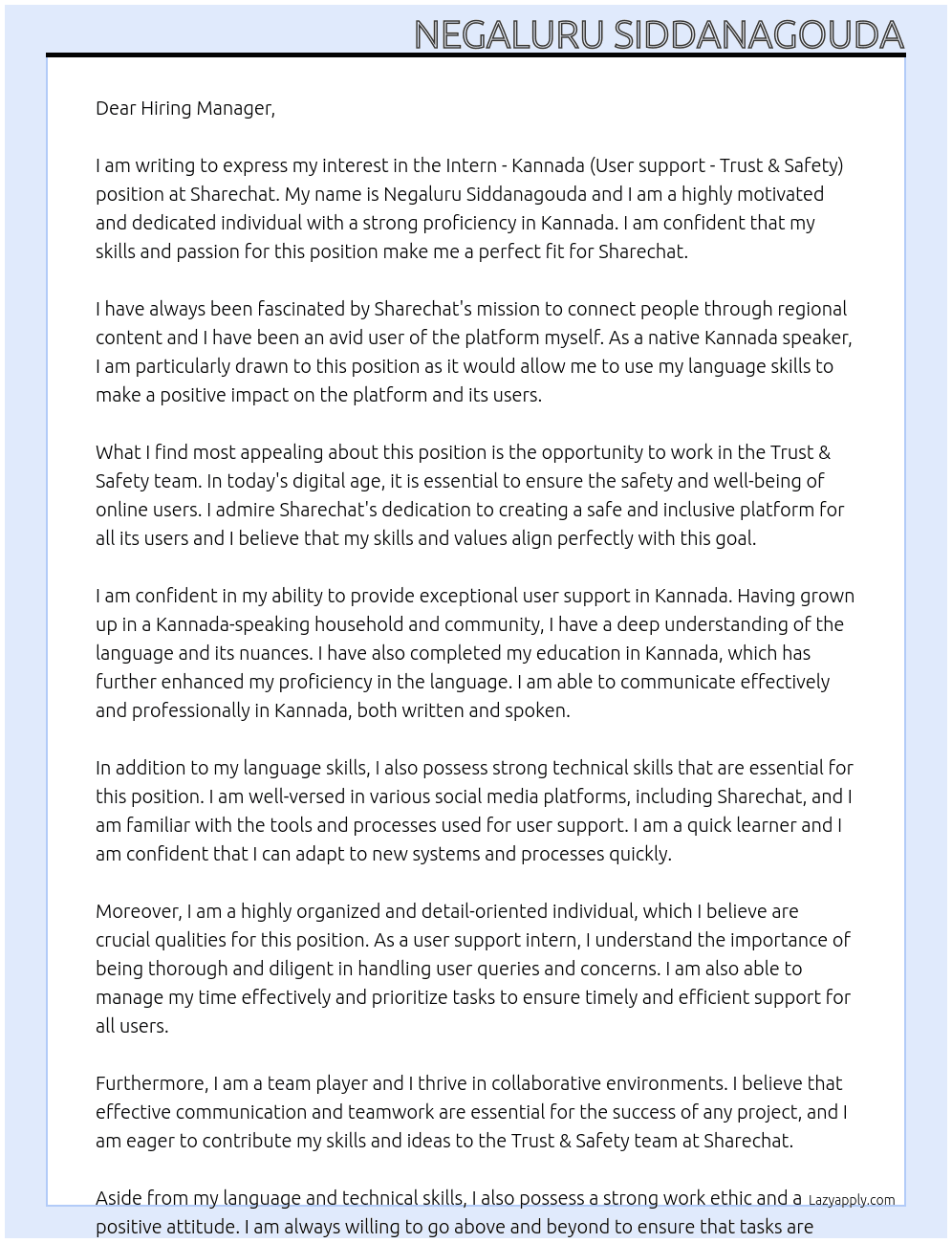Intern - Kannada (User support - Trust & Safety)   At Sharechat Cover Letter