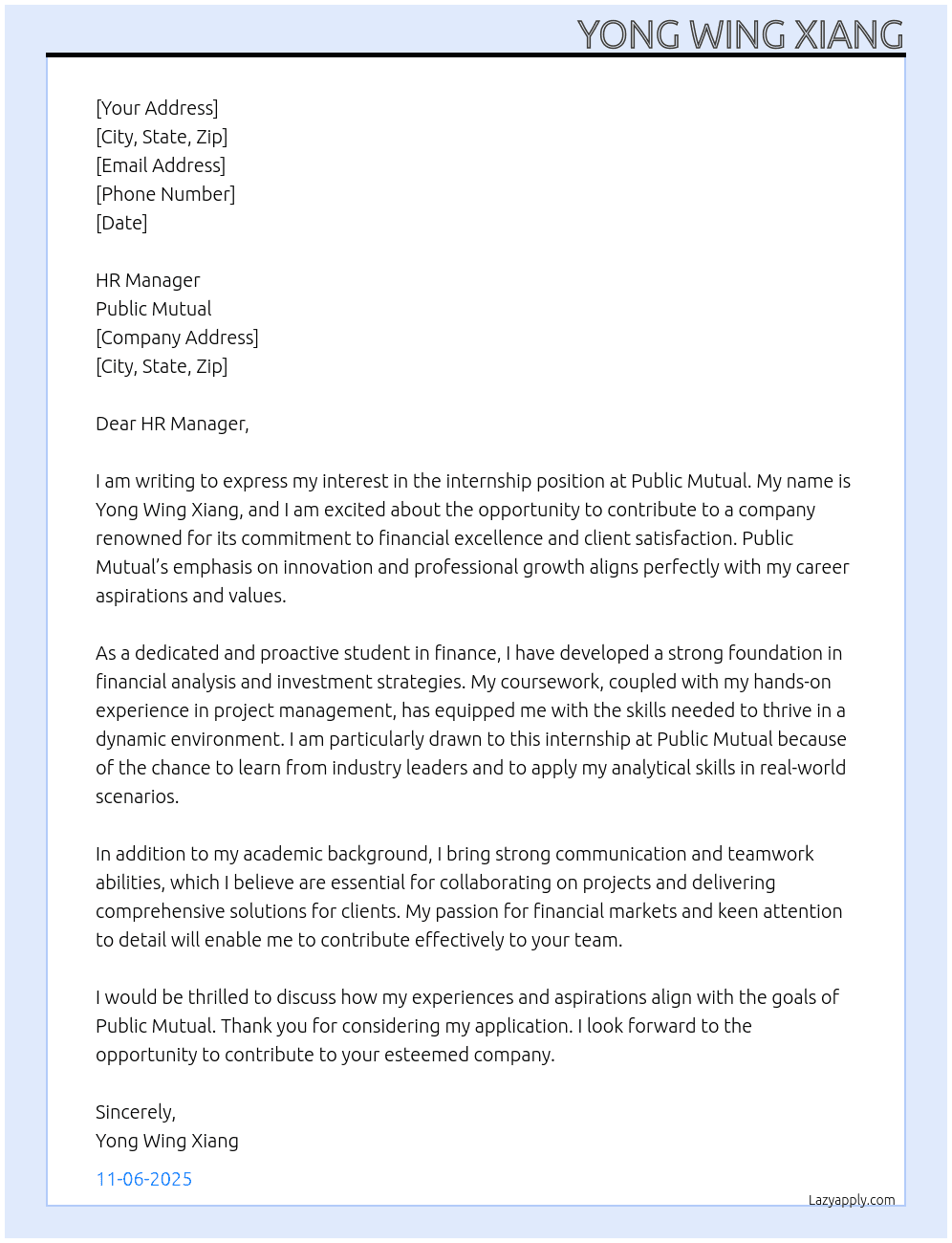 internship At Public Mutual Cover Letter