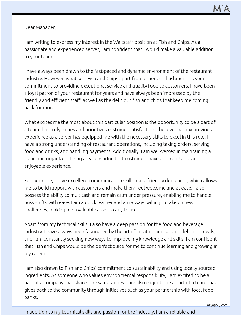 Waitstaff  At Fish and chip Cover Letter