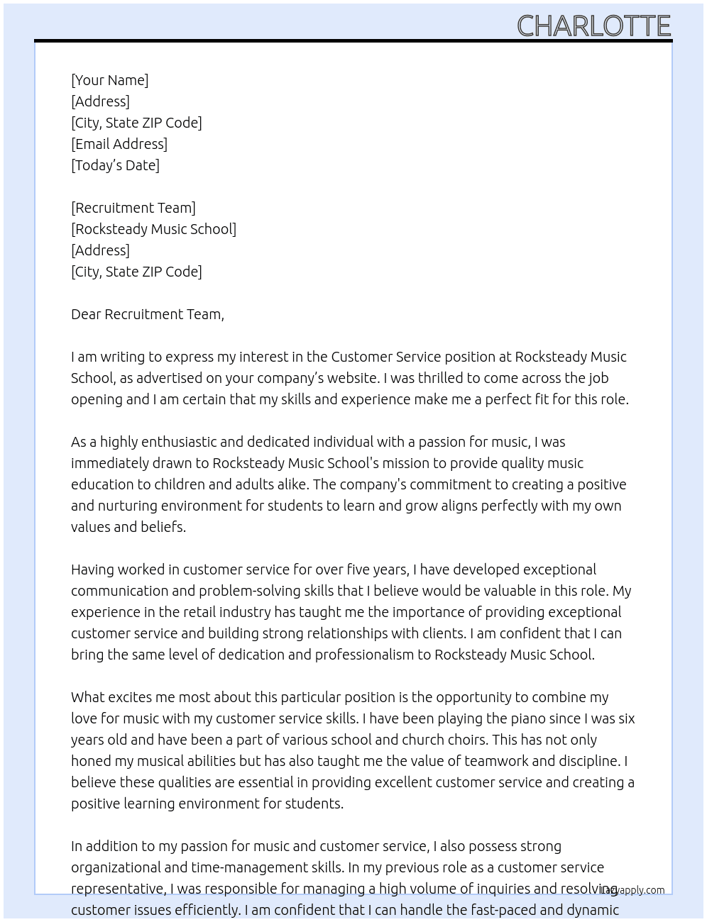 Customer Service At Rocksteady Music School Cover Letter
