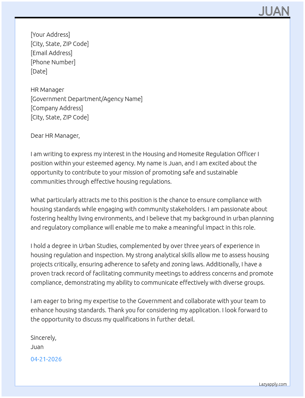 Housing and Homesite Regulation Officer I At government Cover Letter