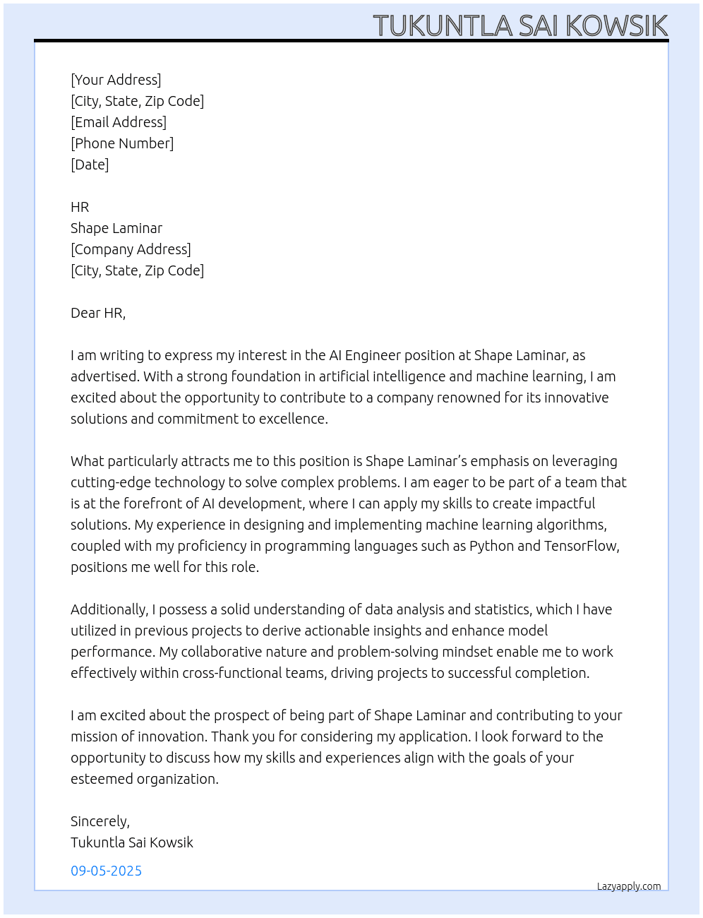 AI Engineer At Shape Laminar Cover Letter