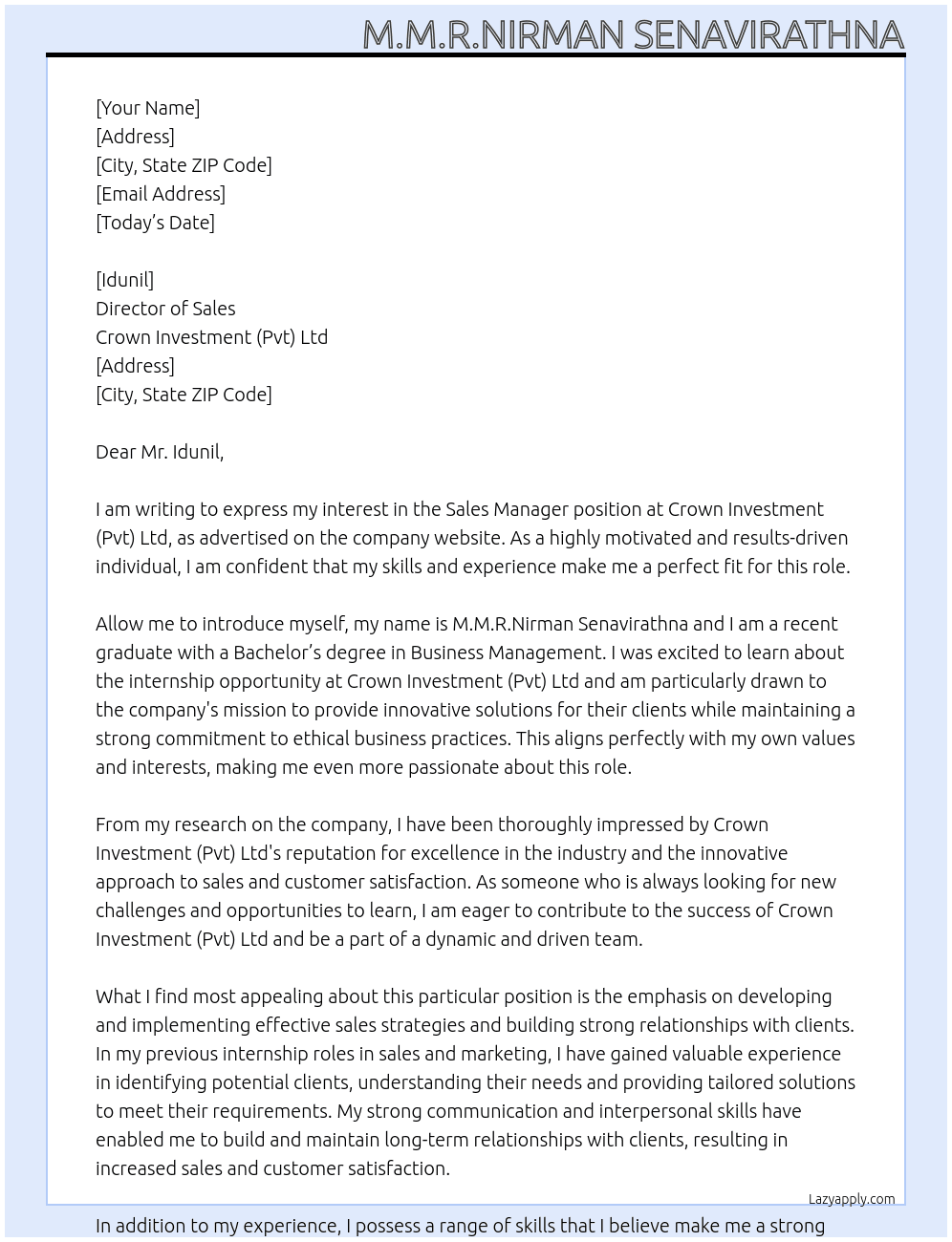 Cover letter for sals manager - LazyApply