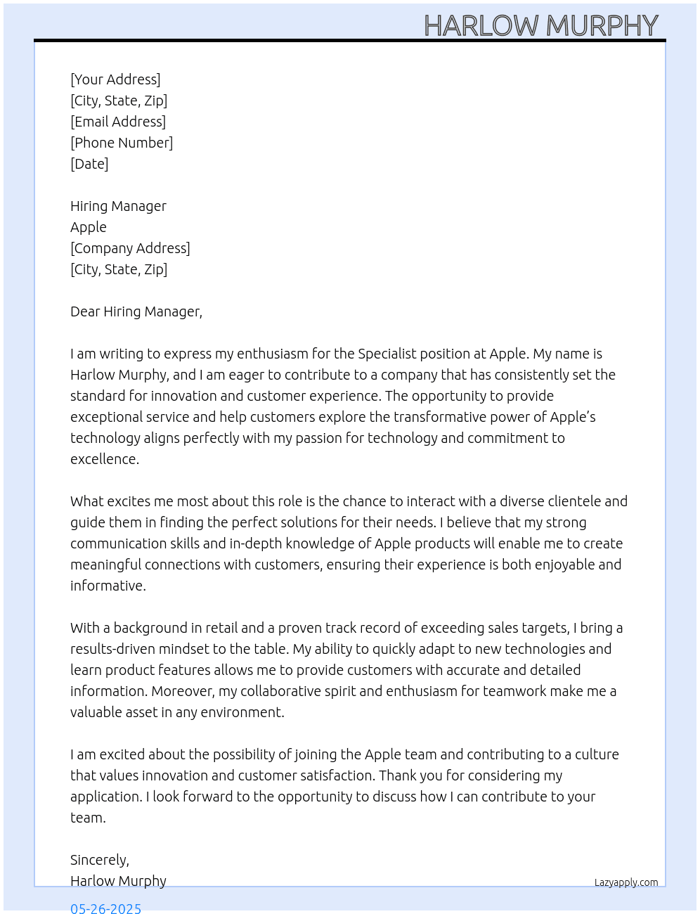 Cover letter for specialist - LazyApply