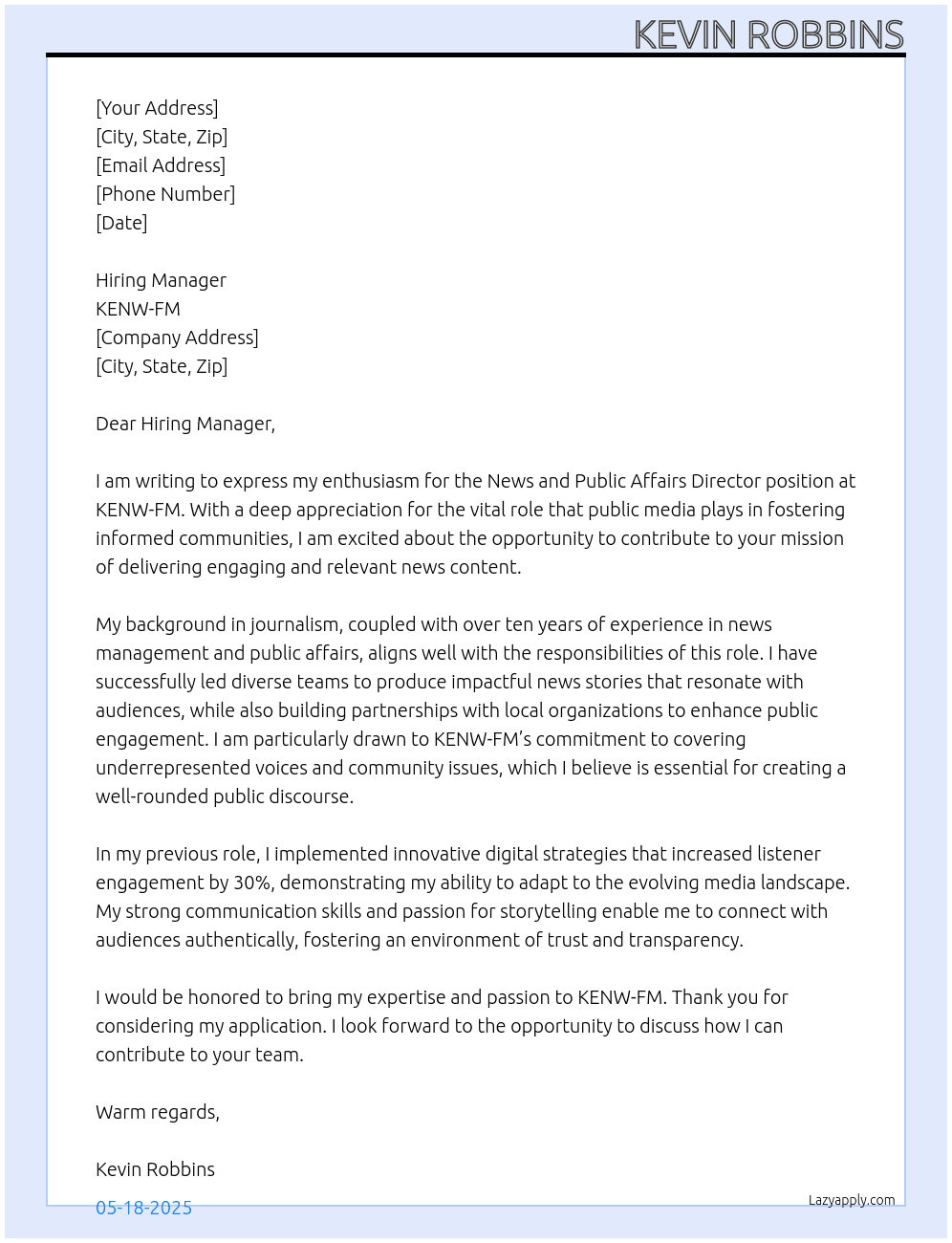 News and Public Affairs Director At KENW-FM Cover Letter