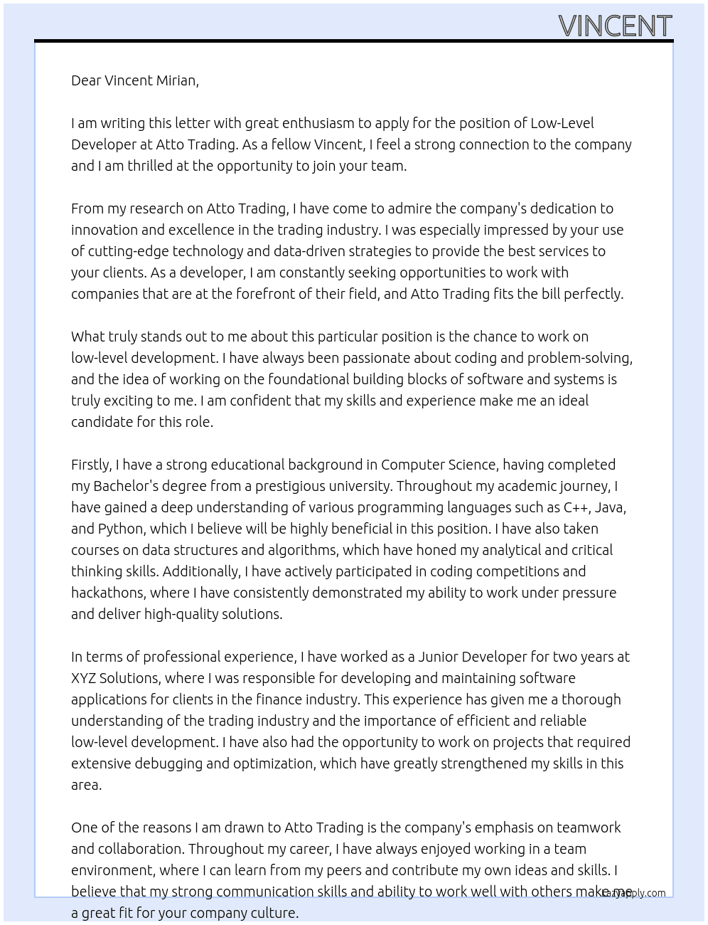 Cover letter for low-level developer - LazyApply