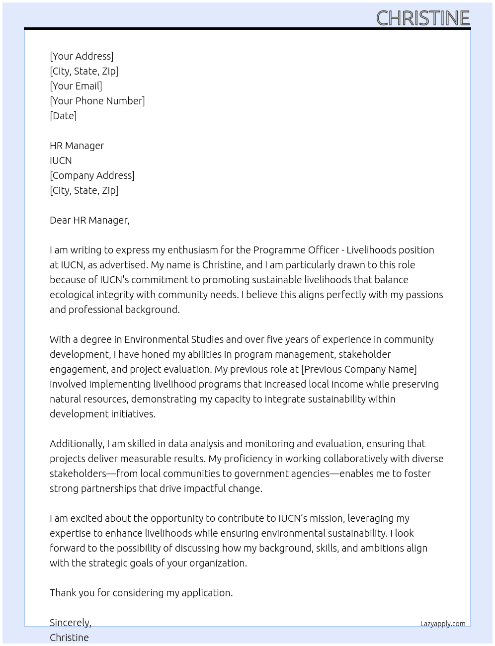 Cover letter for programme officer- livelihoods - LazyApply