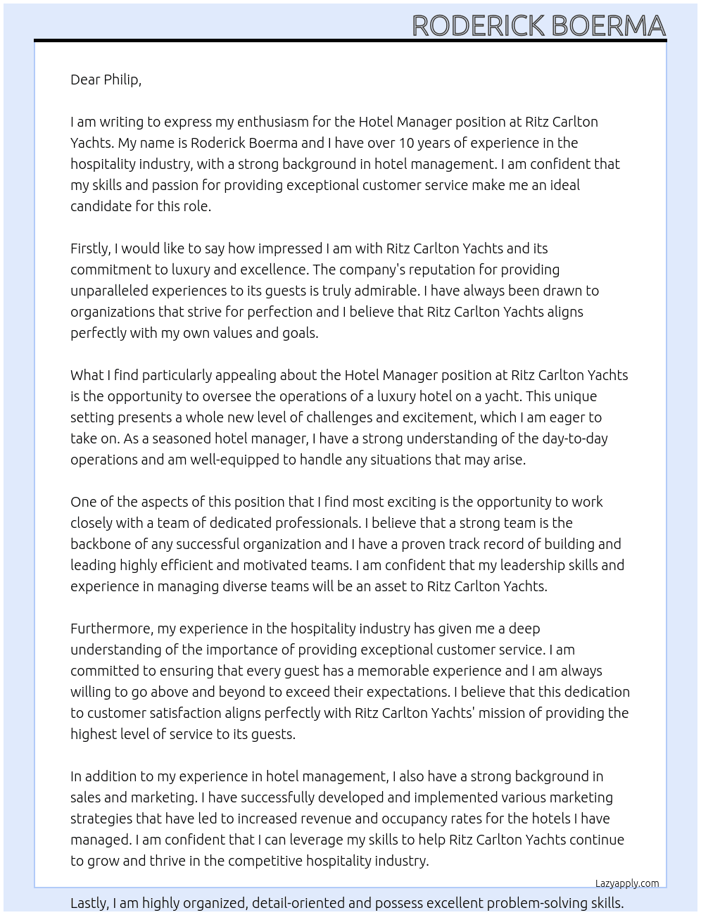 Hotel manager At Ritz Carlton Yachts Cover Letter