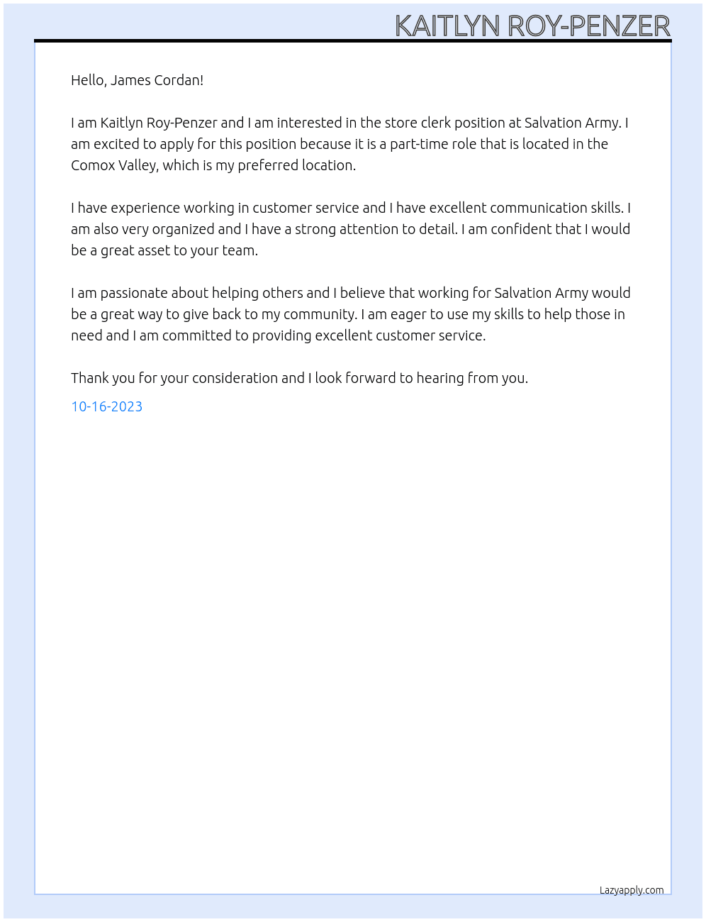 Store Clerk At Salvation Army Cover Letter
