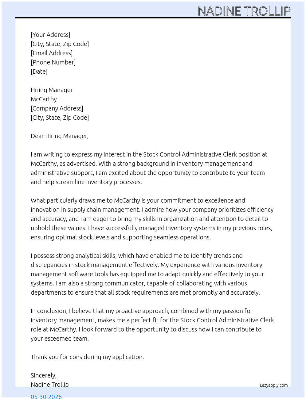 Stock Control Administrative clerk At McCarthy Cover Letter
