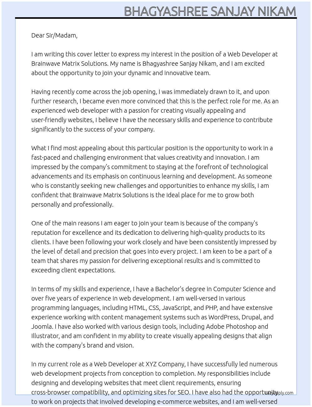 Web Developer At Brainwave Matrix Solutions Cover Letter