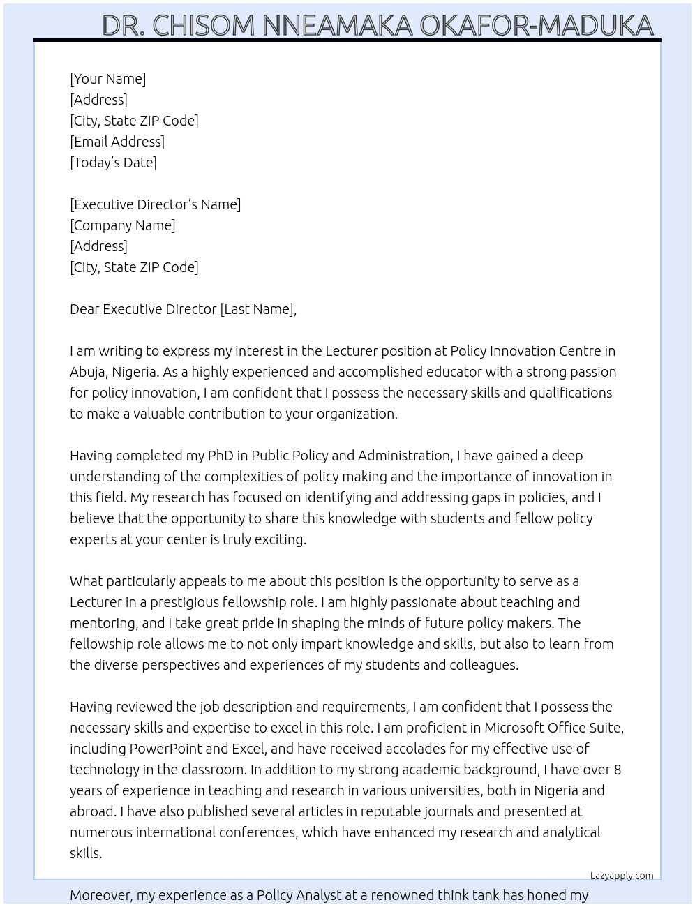 Lecturer At Policy Innovation Centre, Abuja Nigeria  Cover Letter