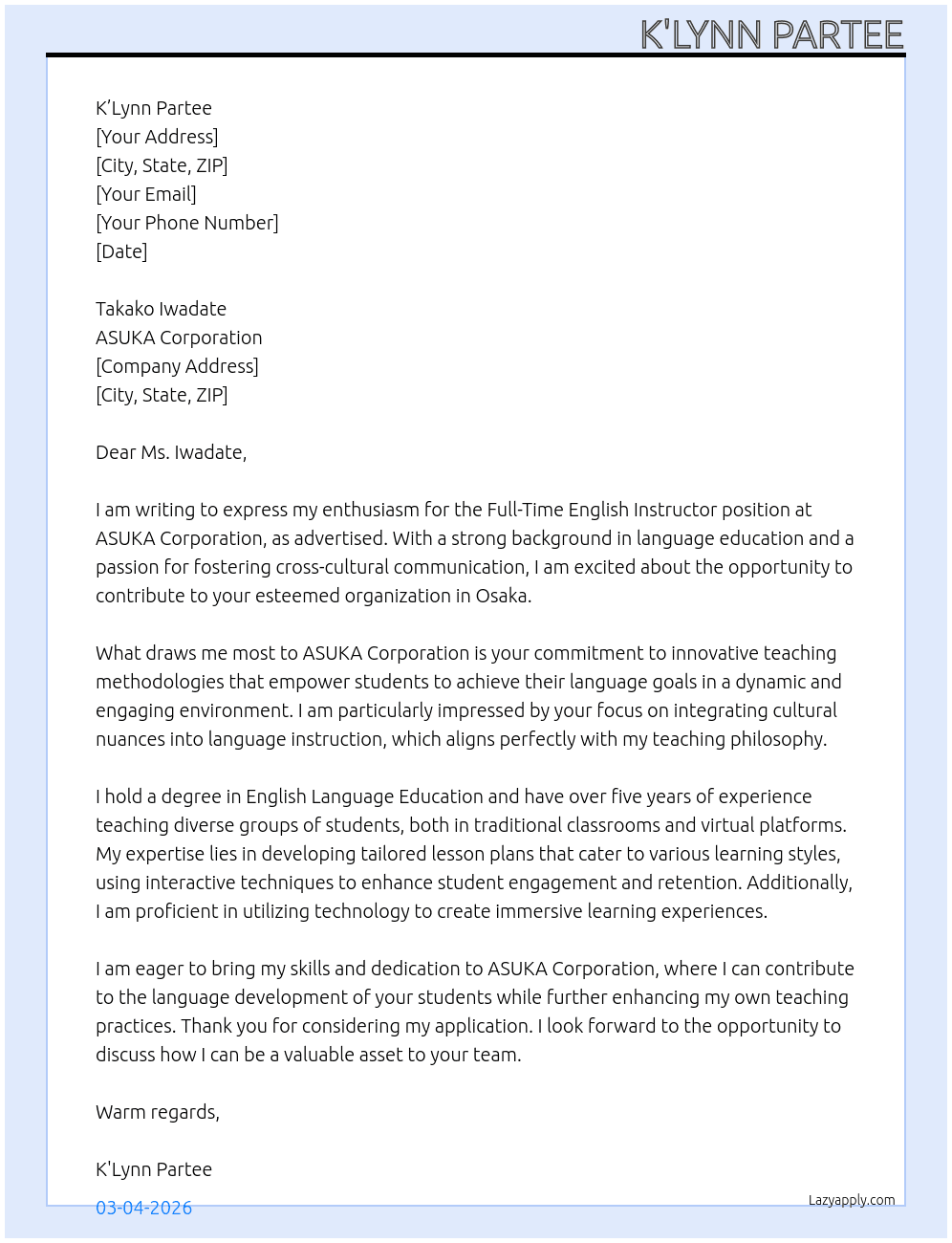 English Instructor  At ASUKA Corporation Cover Letter