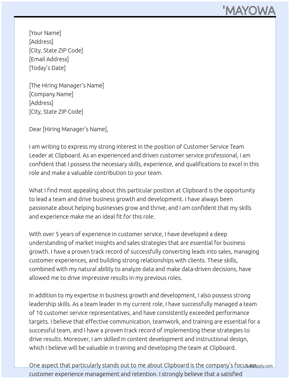 Customer Service Team Leader At Clipboard Cover Letter