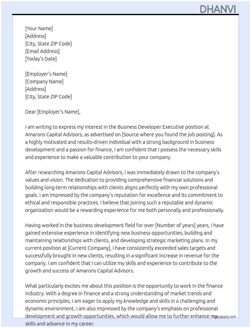 Business developer executive  At Amarons Capital Advisors Cover Letter