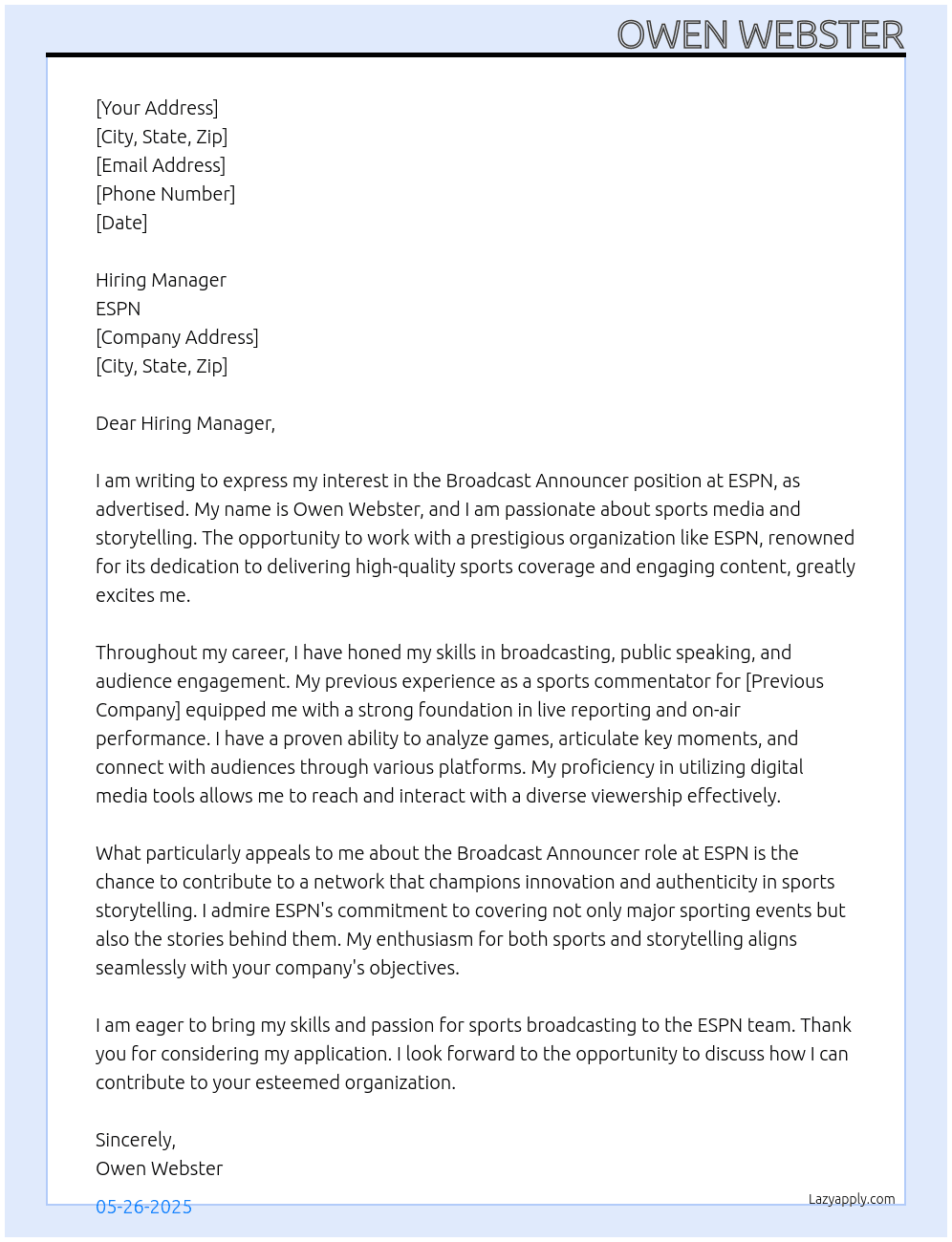 Broadcast Announcer At ESPN Cover Letter