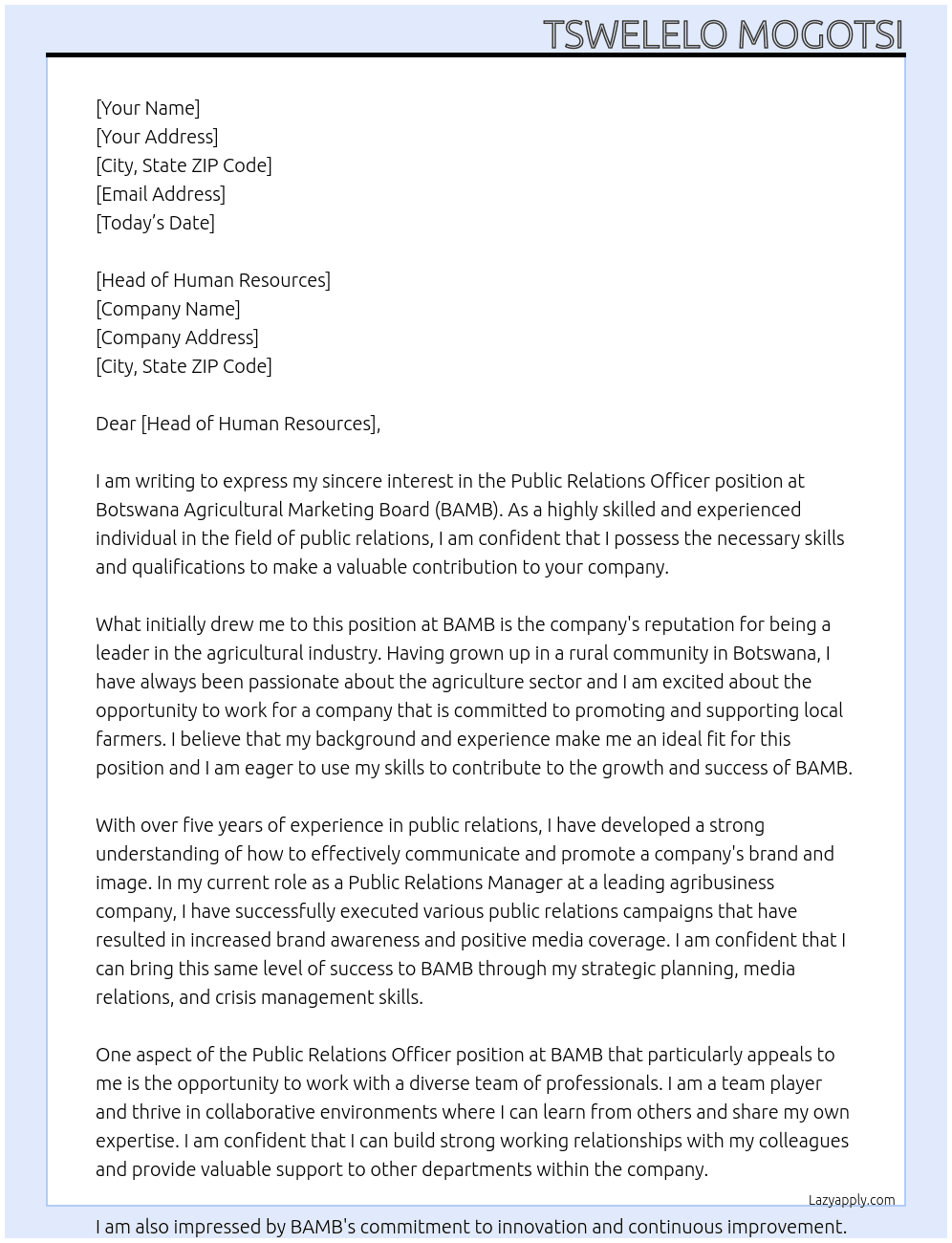 Public Relation Officer At Botswana Agricultural Marketing Board (BAMB) Cover Letter