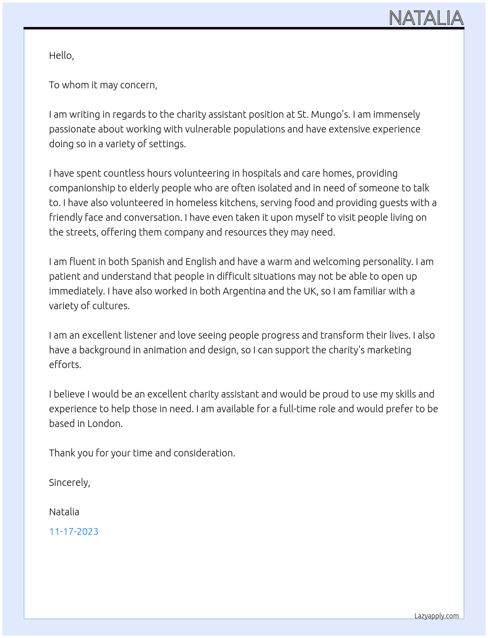 Charity assistant At St. Mungo's Cover Letter