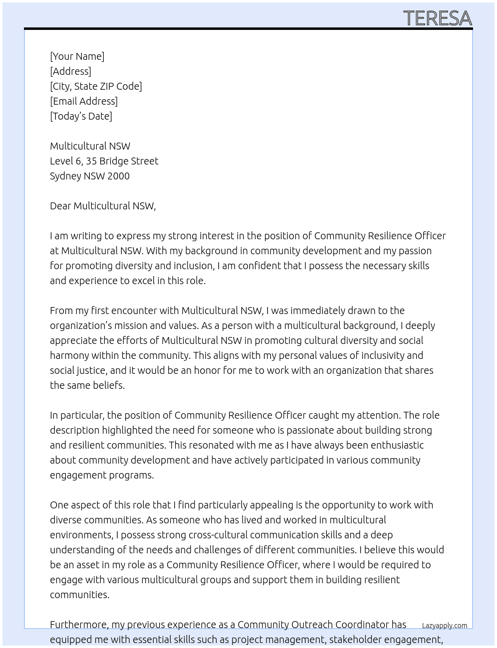 Community Resilience Officer At Multicultural NSW Cover Letter