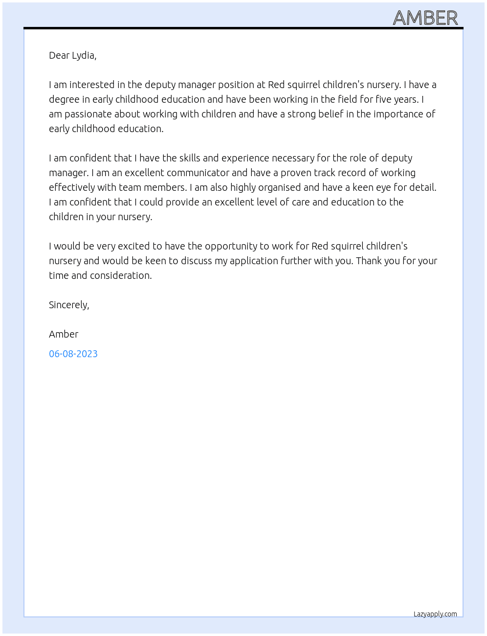 deputy manager  At Red squirrel children's nursery  Cover Letter