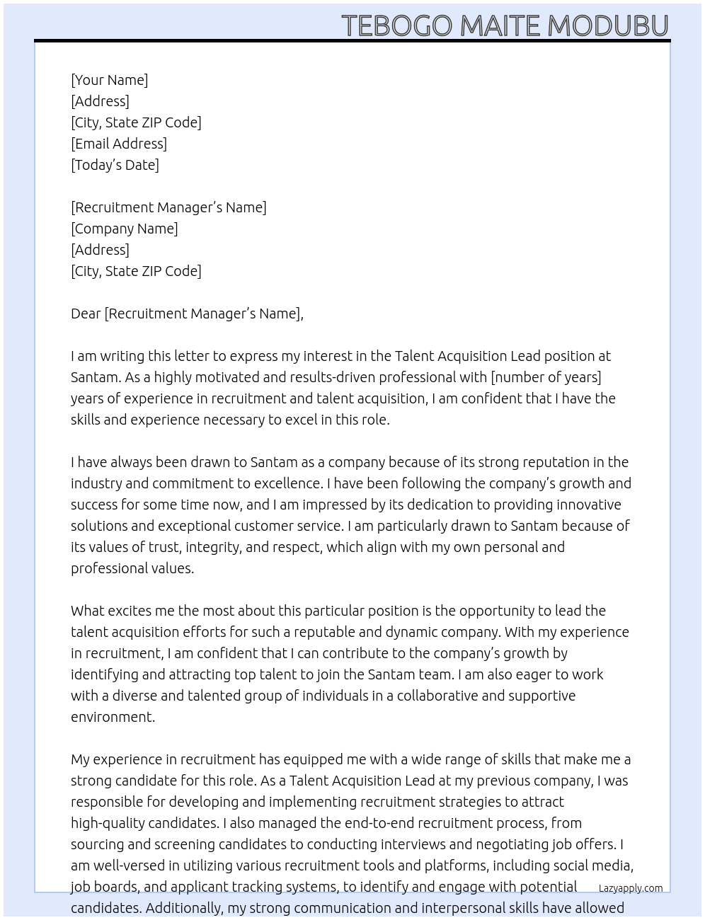 Talent Acquisition Lead At Santam Cover Letter