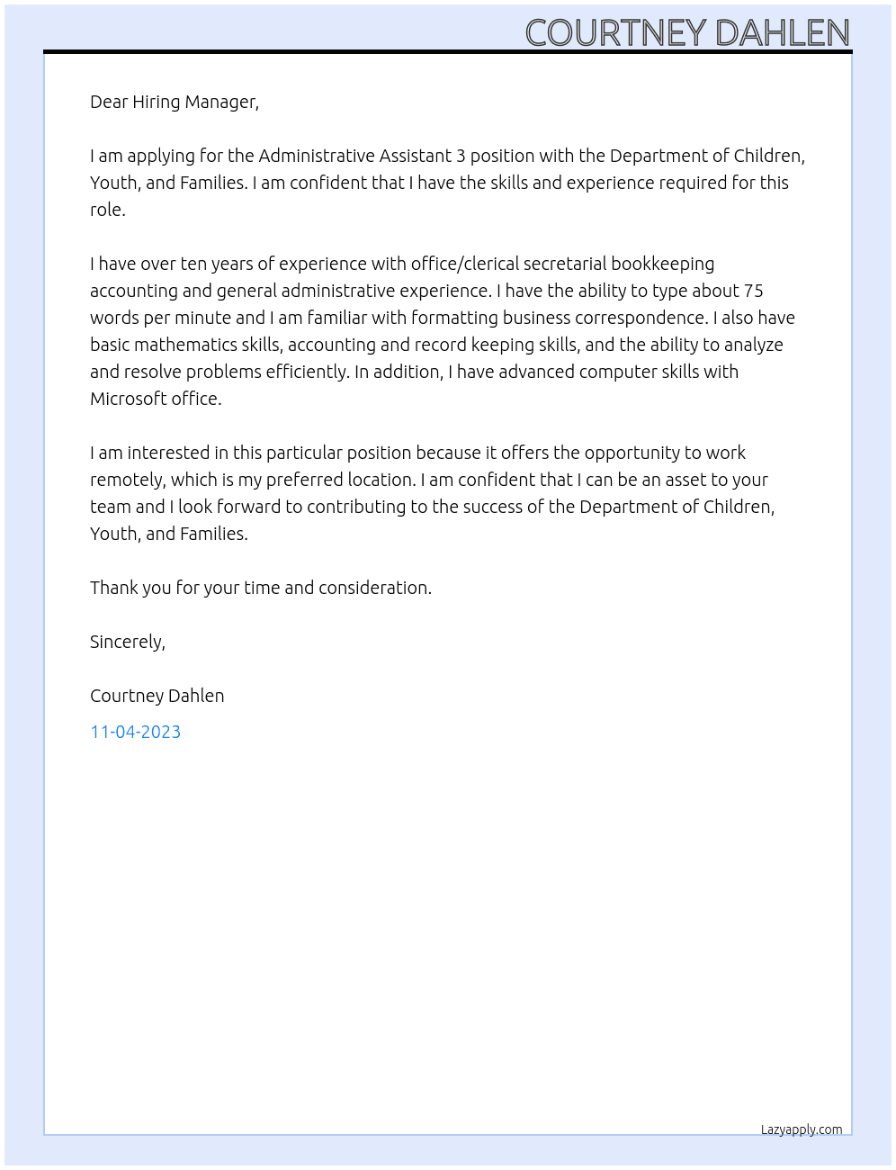Administrative Assistant 3  At Department of Children, Youth, and Families  Cover Letter