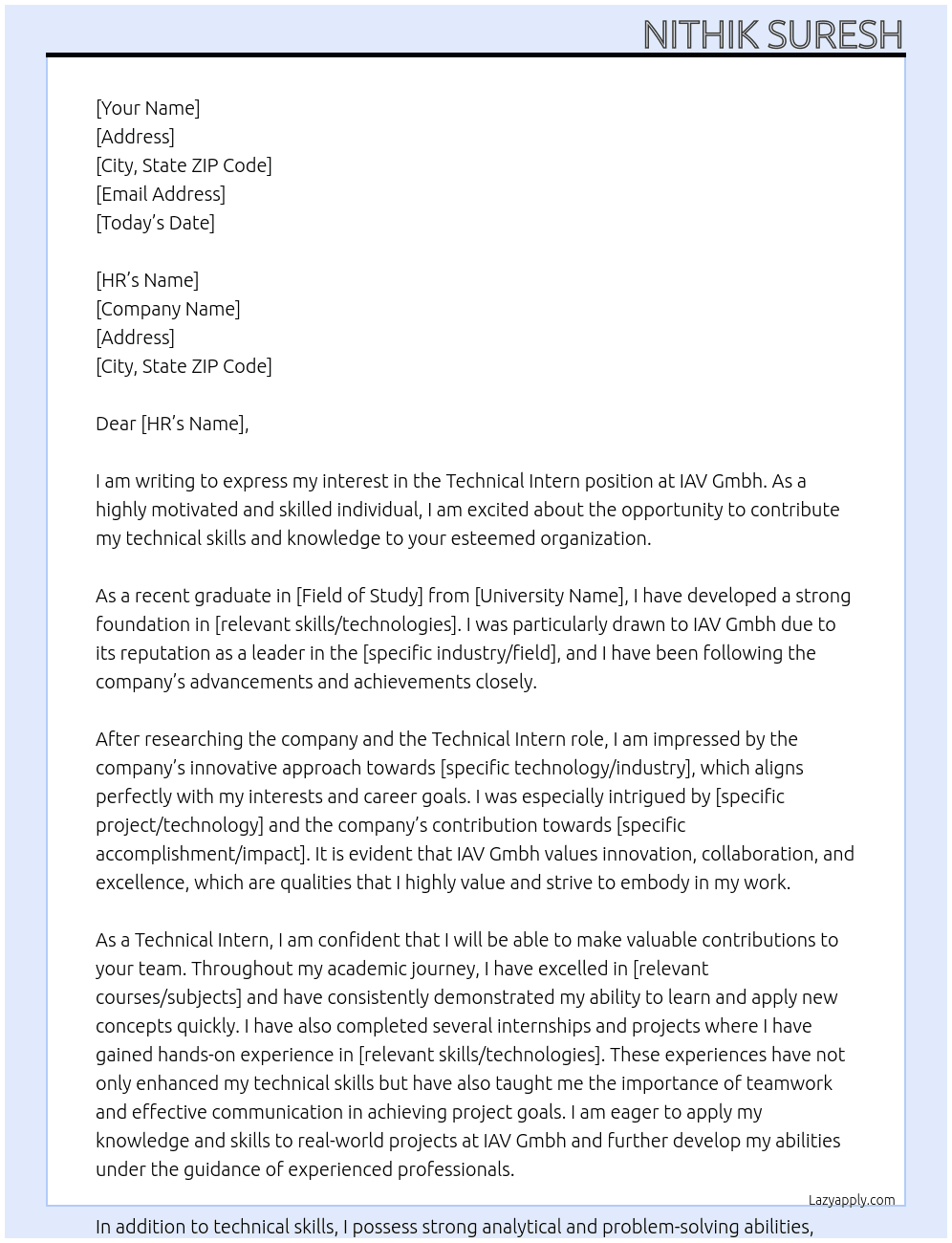 Technical Intern At IAV Gmbh Cover Letter