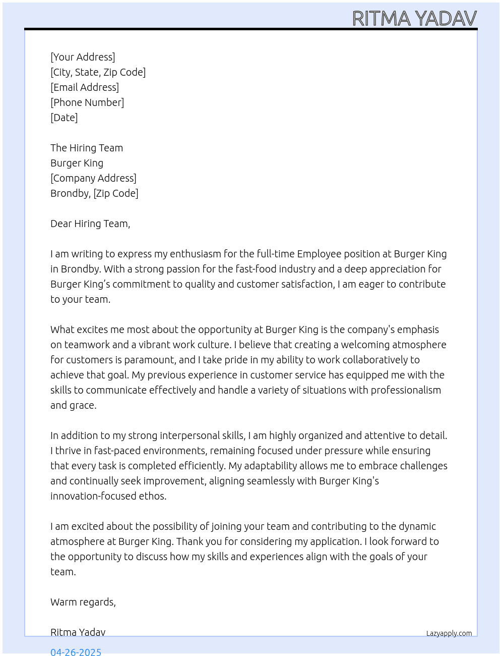 Employee  At Burger King Cover Letter